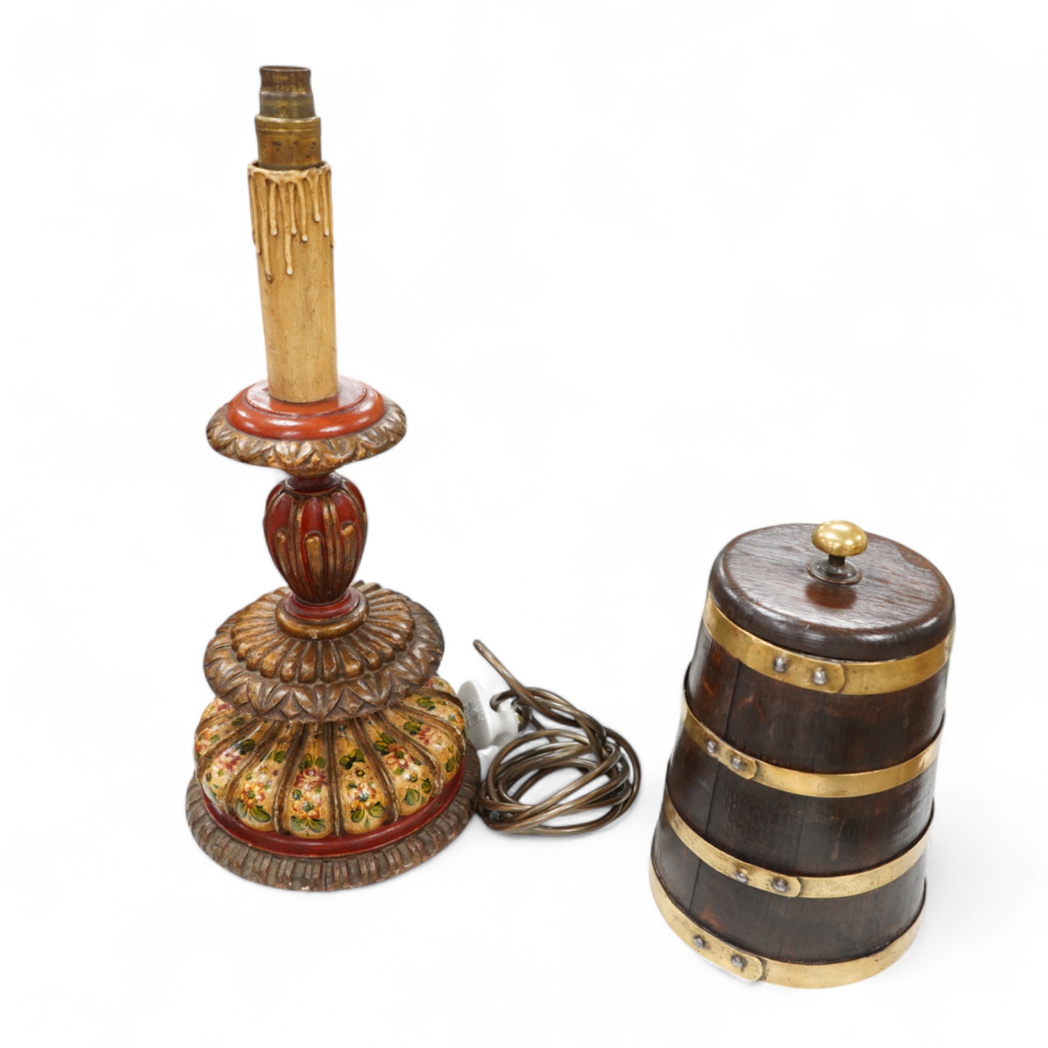 A Kashmiri painted wood lamp and brass bound oak barrel, largest overall 45cm high